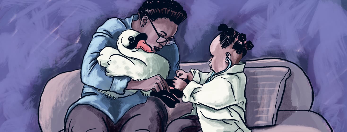a mom and child play doctor with a stuffed swan