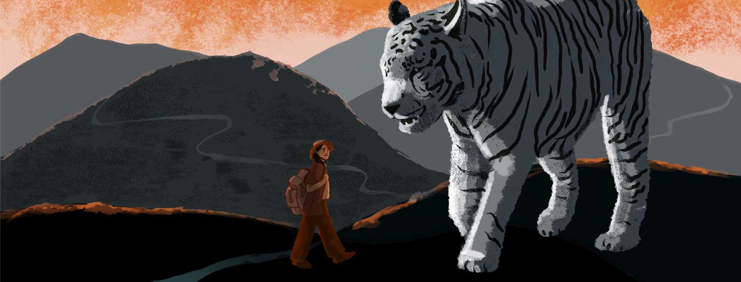 a white tiger and a patient greet each other at the beginning of a long journey during a sunrise
