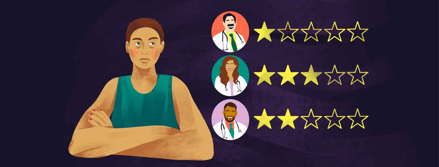 A person looks dubiously at online doctor ratings