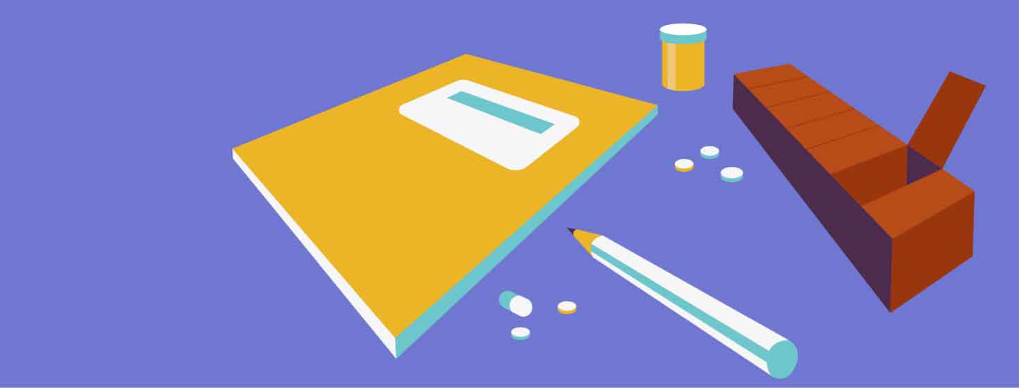 a notebook, a pill box and a pencil next to a pill bottle