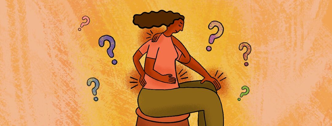 A woman with four arms uses each hand to clench an aching body part: lower back, stomach, knee joint and back of her neck with question marks surrounding her.