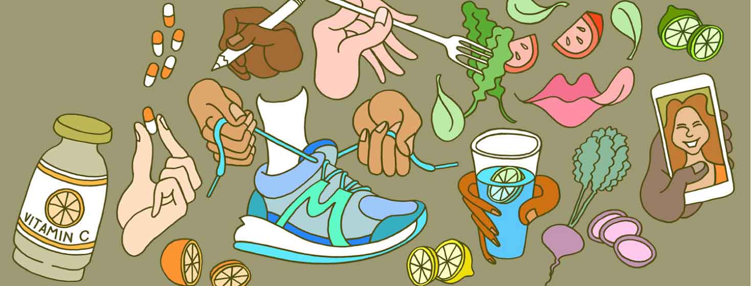 A running shoe, healthy food, and hands journaling