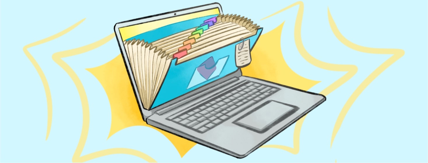 A computer screen with an accordion file book coming out of the screen, technology, files, organization, laptop
