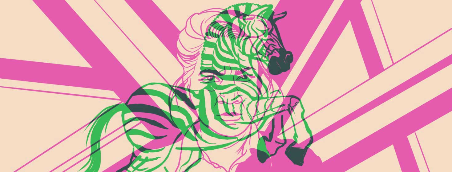 a mad woman overlaid with an image of a rearing zebra