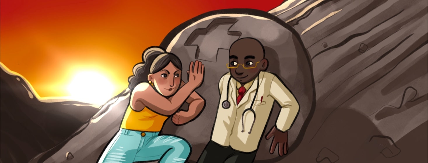 A woman and her male doctor are working together to push a boulder up a hill.