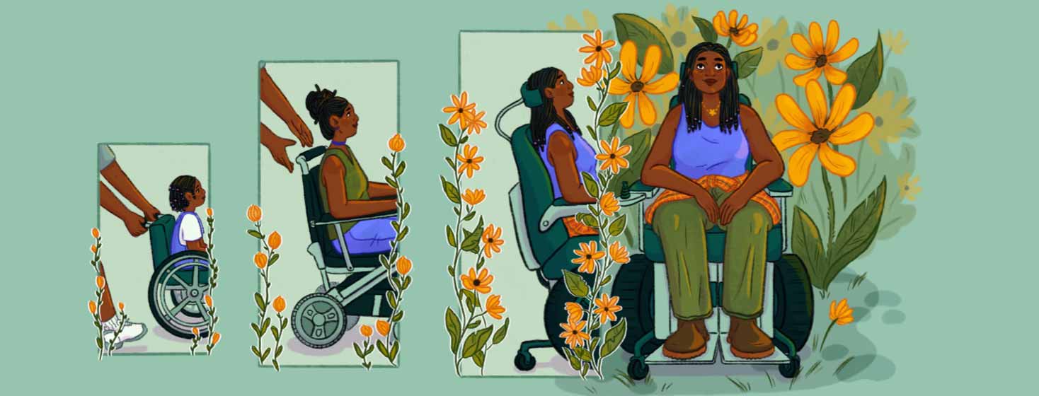 a girl in a wheelchair grows up, and transitions into larger chairs and blossoms into independence