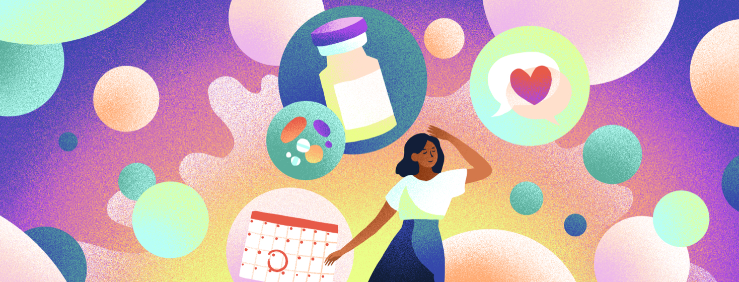 A woman looks up with a hopeful expression at bubbles showing a calendar appointment, medication, and speech bubbles with hearts.