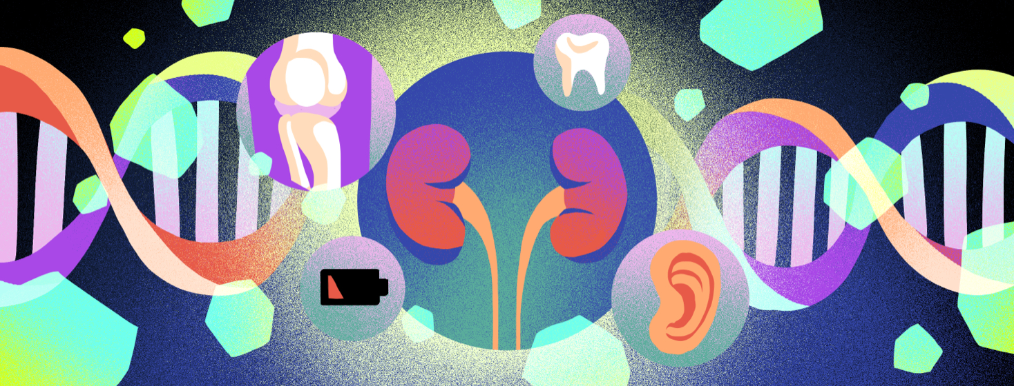 A diagram of kidneys surrounded by symbols representing symptoms of X-linked hypophosphatemia, which include hearing problems, fatigue, joint issues, and dental issues.