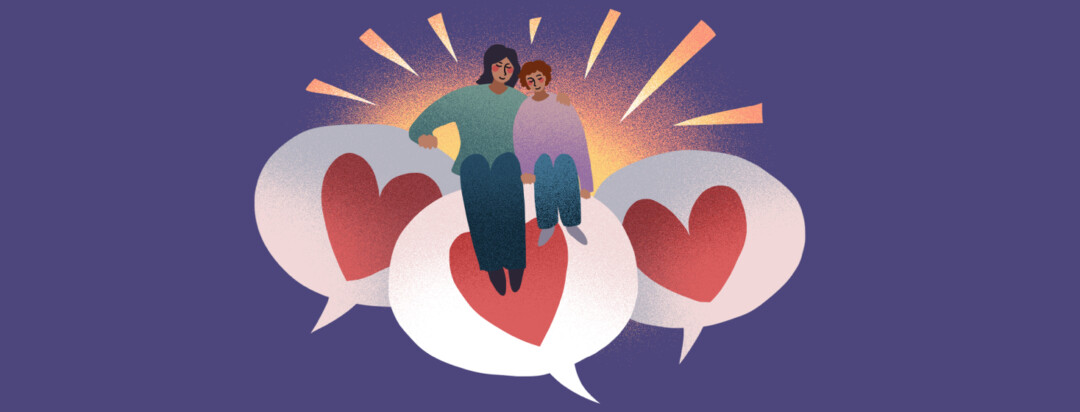 A woman and a child sit with peaceful happy expressions on a cloud of speech bubbles with hearts inside.