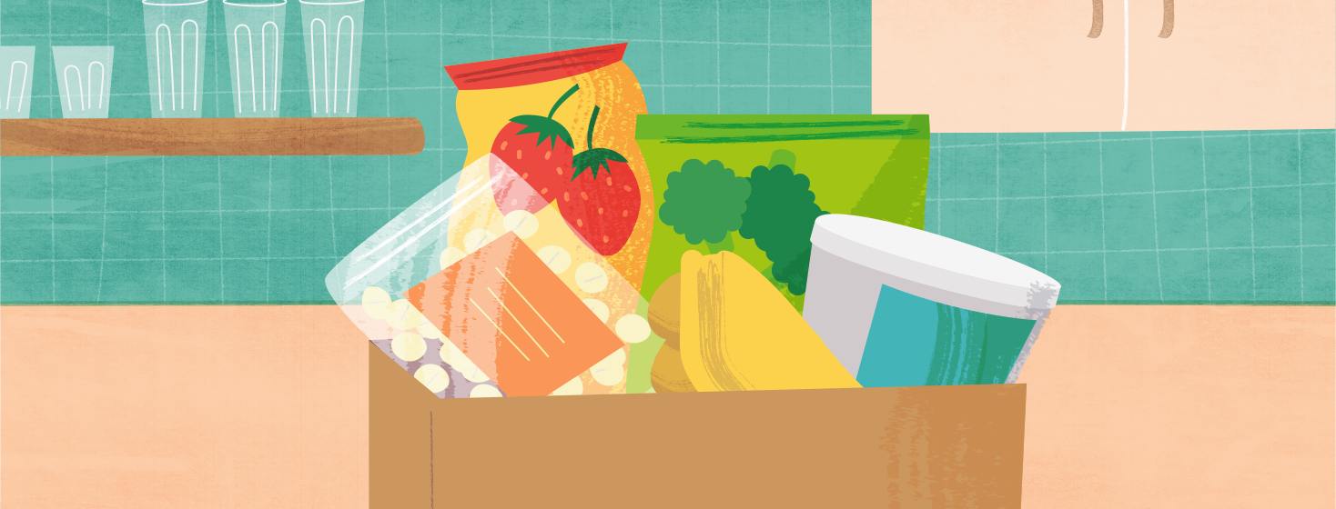A grocery bag full of budget-friendly food items.