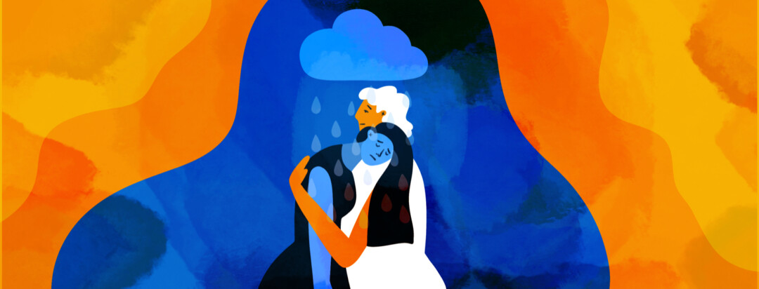 A caregiver embraces someone looking depressed under a raincloud.