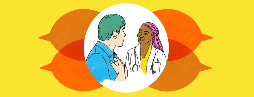 An adult male patient and adult female doctor talk inside a bubble as angry speech bubbles surround them.