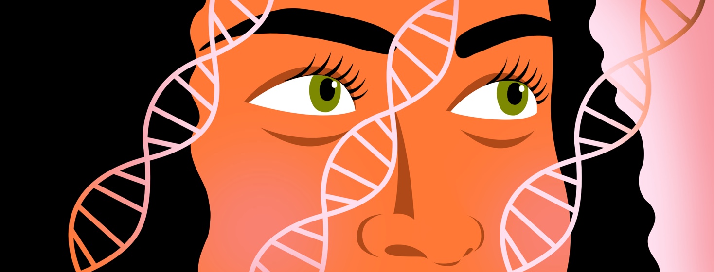 A woman looks at DNA strands passing over her face.