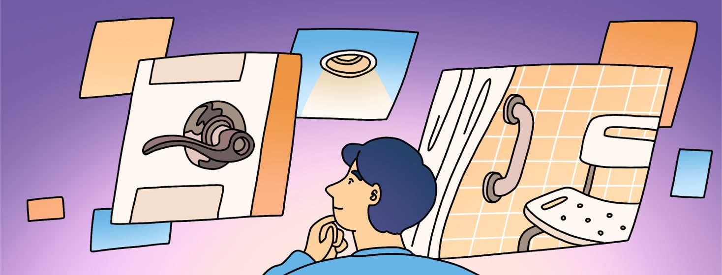 A man looks up at bubbles showing various mobility aids for the home, such as lever door handles, recessed lighting, and a handle bar and shower chair.