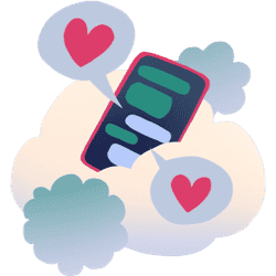 A phone on a cloud and speech bubbles with hearts inside.