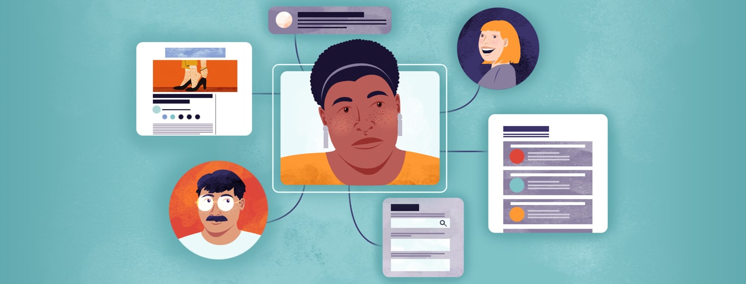 People looking around at different website screens around them.