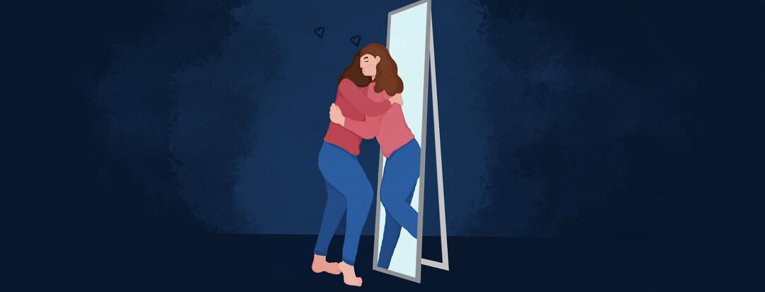 A woman comes through the mirror to hug herself, hearts in between them.