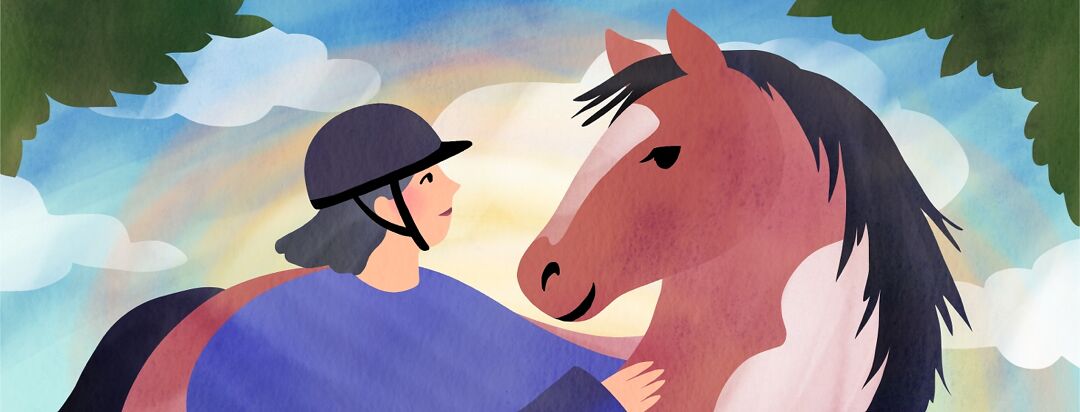 A woman with a helmet and a horse look at each other happily.