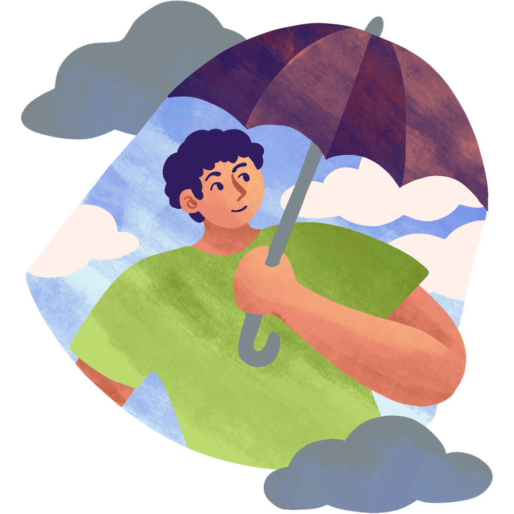 Among gray clouds, a man holds an umbrella which casts a clear blue sky around him.