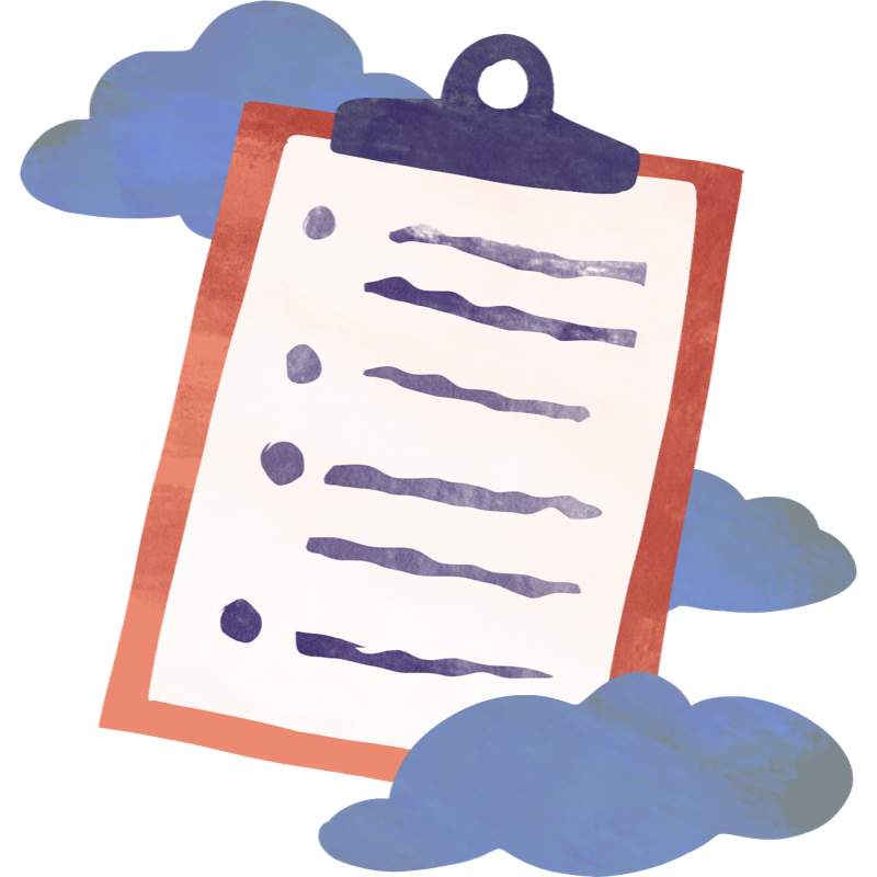 A clipboard with gray clouds.