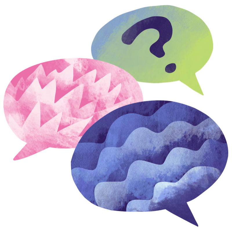 Speech bubbles with a question mark and patterns.